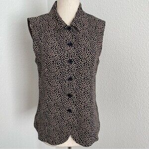 Anne Klein Tailored Sleeveless Collar Button Black Tan Dot Top Vest Size 4P